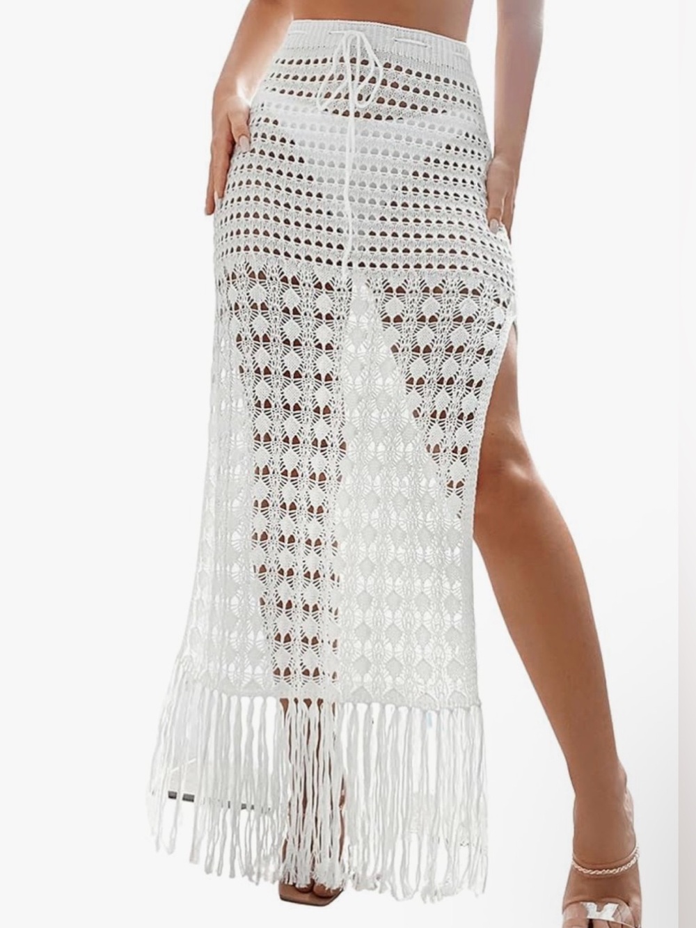 Verdusa Women's Fringe Trim Split Sheer Crochet Swimsuit Bikini Cover Up